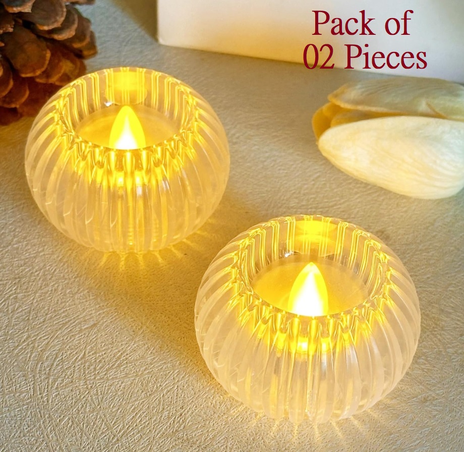 Creative Vertical Striped Ball Shape Battery Operated LED Candle Transparent Acrylic Flameless & Smokeless LED Tealight Night Lamp for Home Decoration, Diwali, Halloween, Christmas 